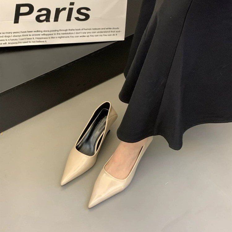 2025 Spring New Pointed Head Thin Heel Medium Heel Single Shoes Women's Shoes Thin High Heels Celebrity Style Work Commute Shallow Mouth
