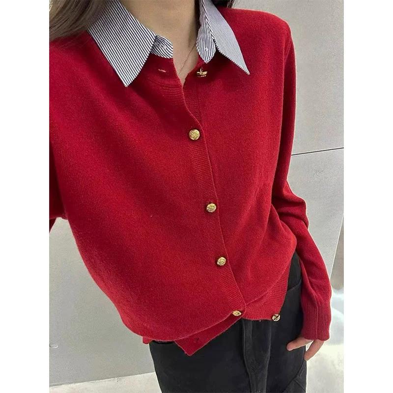 Høst Cardigan Dame Basic Gensere Kåpe Topper Dame Knapper Strikket Ensfarget Hvit T-skjorte
