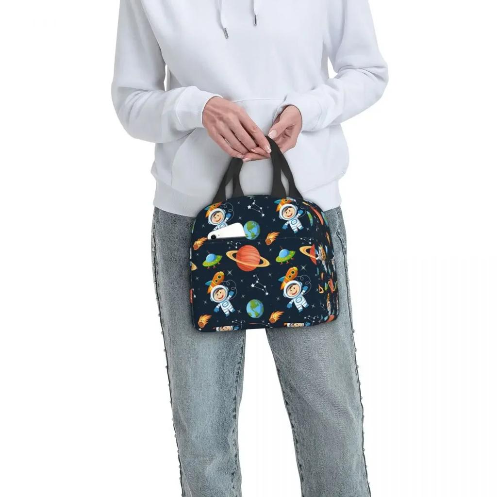 Space Universe Astronaut Lunch Bag Thermal Cooler Insulated Cartoon Spaceship Spaceman Lunch Box for Women Kids School Food Bags