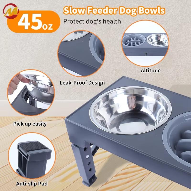 4 Height Adjustable Raised Ceramic Pet Elevated Dog Feeder With Slow Food Bowl + Stainless Steel Bowl