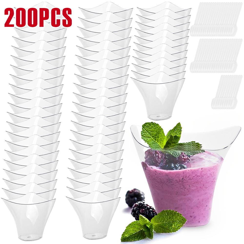 200Pcs Dessert Cups Disposable Plastic Mousse Cup 100ml Transparent Pudding Cup with Spoons Multipurpose Cheesecake Parfait Pot