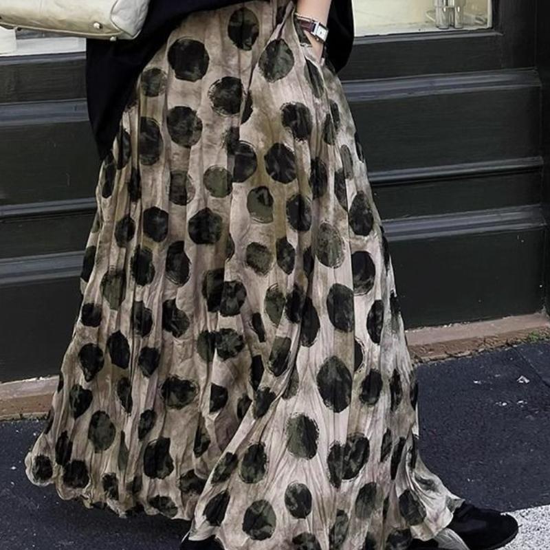 Falda Midi Estampada Retro para Mujer Cubre las Caderas para Mostrar un Temperamento Delgado Cintura Alta Lunares Verano Falda Larga para Mujer
