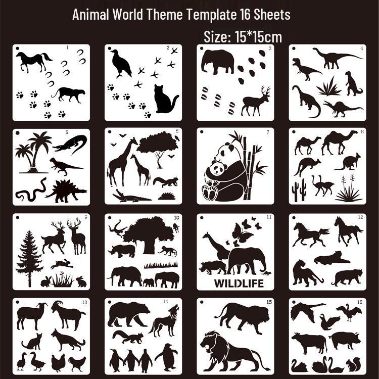 Cartoon Animal Stencil Set, 16 Styles - Kids' Hollow Painting Templates