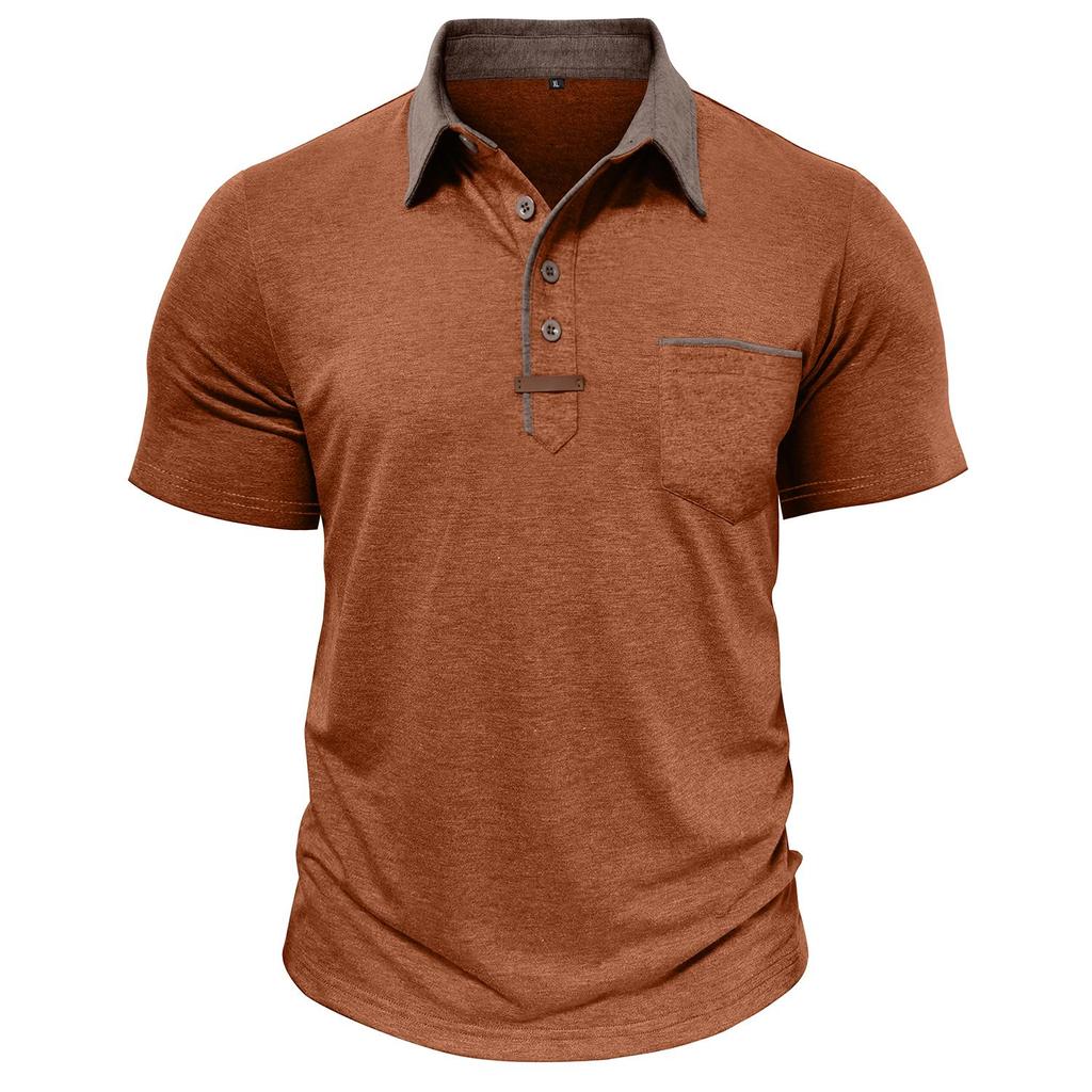 Men’s Short Sleeves T-shirts Lapel Collar Color Block Polo Shirts Chest Pocket Summer Tops Casual Wear