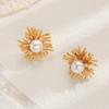 Copper Radiance Firework Pearl Zirconia Stud Earrings - Elegant Golden Women's Jewelry