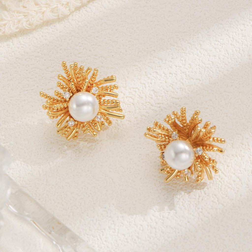 Copper Radiance Firework Pearl Zirconia Stud Earrings - Elegant Golden Women's Jewelry