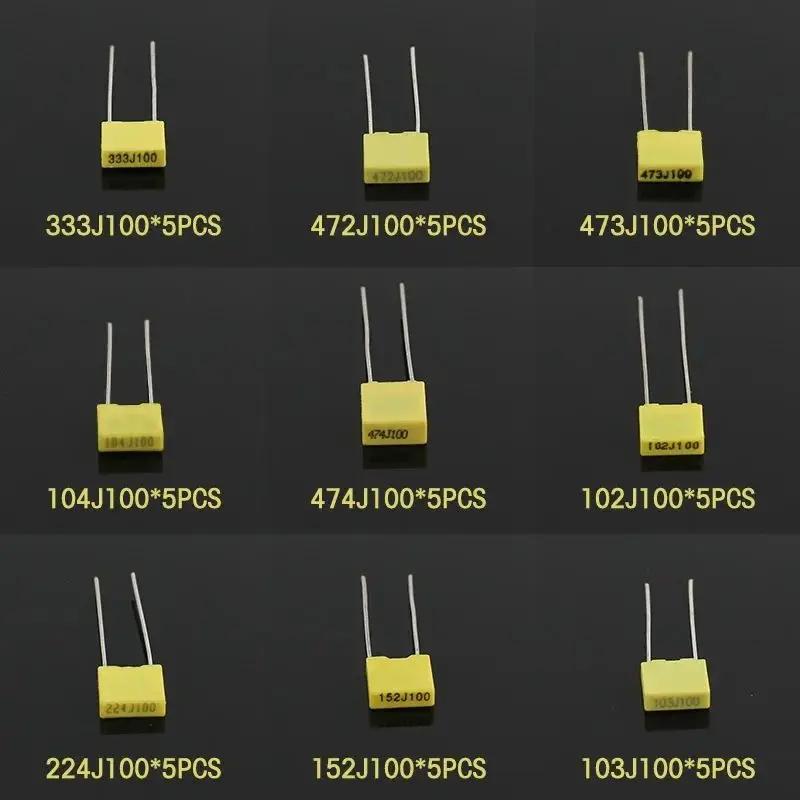 50PCS Safety Capacitor 102J-474J Electronic Capacitor Set 100V 10 Values Capacitors Assortment Kit
