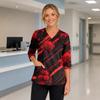 Womens Halloween Print V Neck Medical Scrub Top with Pockets Side Slits and Three Quarter Sleeves Halloween Themed Nurse Uniform Shirt