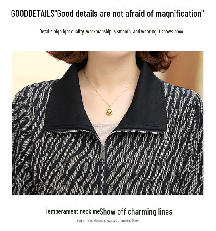 Middle-aged Women's Striped Long-sleeve Turn-down Collar Casual Jacket for Spring and Autumn