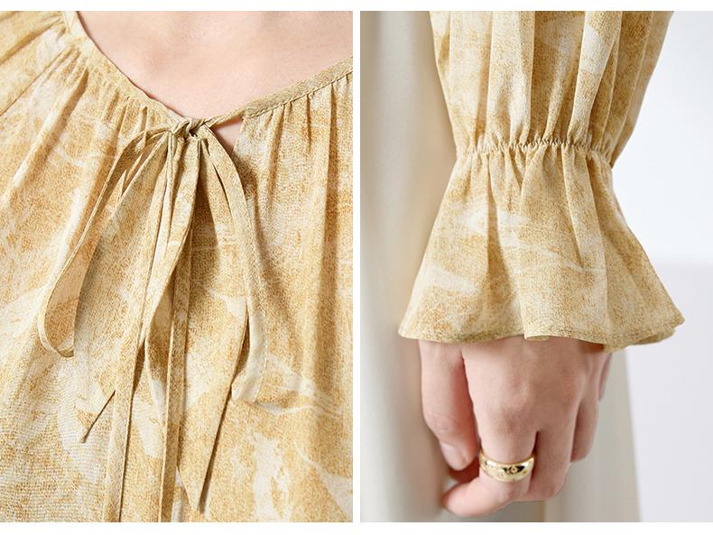 100% Mulberry Silk High-End Shirt, Spring Lantern Sleeves, Double Georgette Tie-Up Print, Women's Top