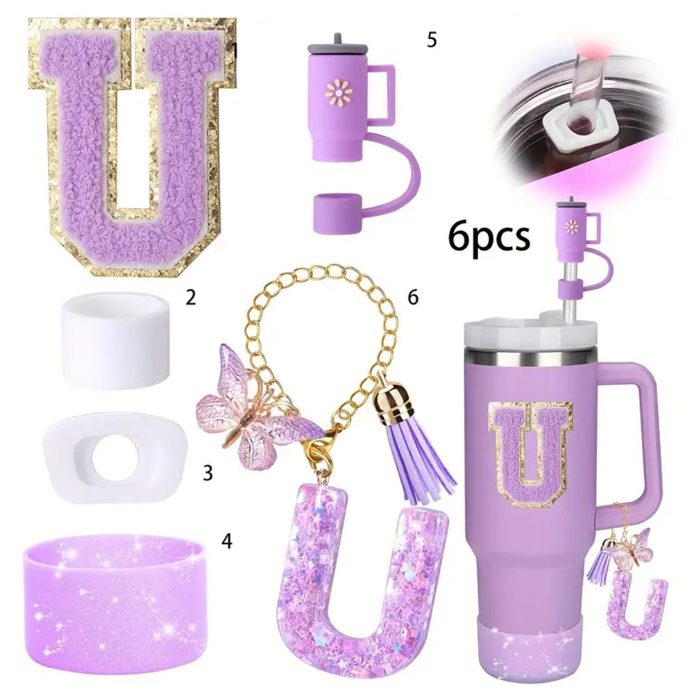 Set de 6 accesorii pentru pahar Stanley Cup de 40 oz cu mâner, inclusiv capac și capac cu pai din silicon, dop anti-scurgere