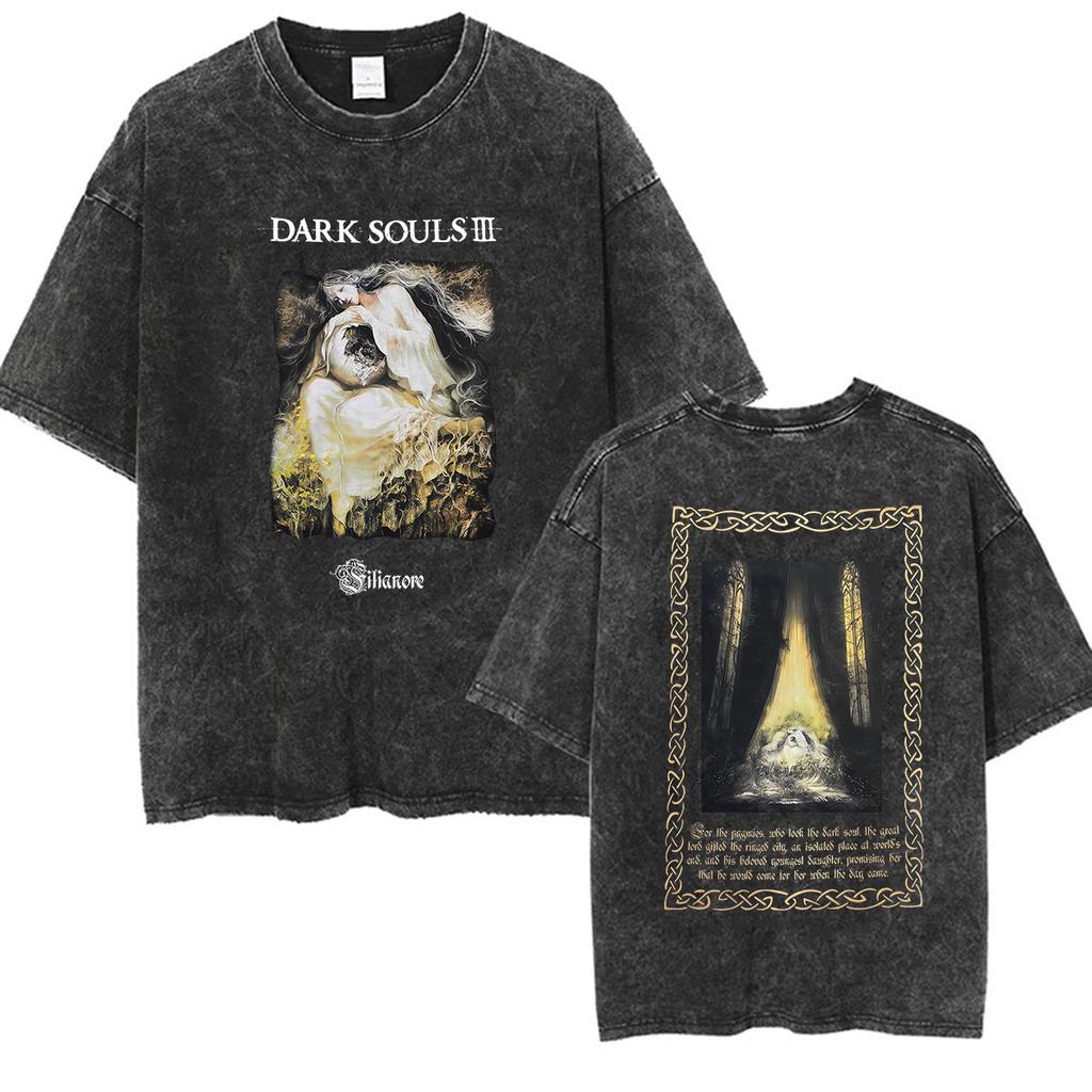 Vintage Washed Dark Souls 3 Hot Game Graphic T Shirt Mens Women Classic Player Fashion Cotton Short Sleeve Tshirts Streetwear