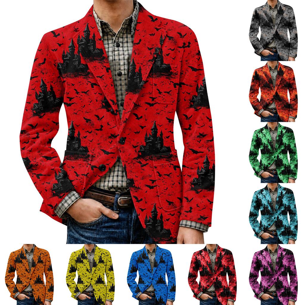 Men's Halloween Printed Corduroy Warm Pocket Blazer Jacket Casual Suit Coat Button Front Long Sleeve Outerwear