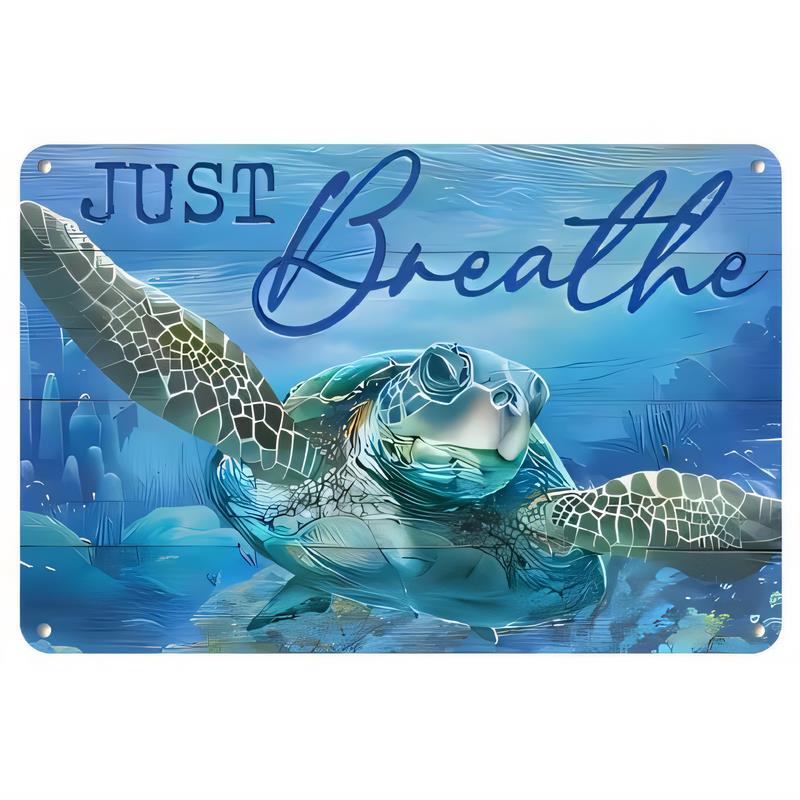 Tin Sign Just Breathe Underwater Sea Turtle Vintage Beach Wall Art Home Decor Metal Plaque Coastal Nautical Retro Signs for Ba