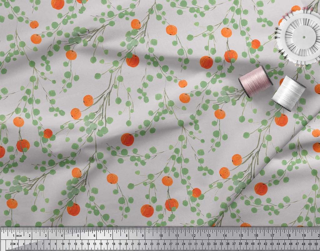 Soimoi Black Japan Crepe Satin Fabric Leaves & Orange Fruits Print Fabric by Metre 42 Inch
