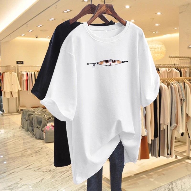 Women's Summer 2026 Oversized Cartoon T-shirt - European Style Loose Mid-length Short Sleeve