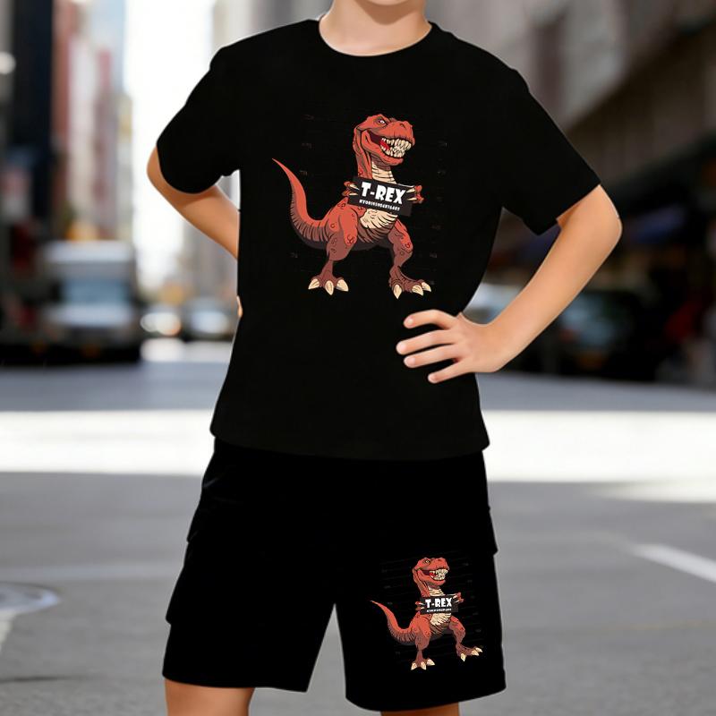 

Boys 2 Piece Tyrannosaurus Rex Themed Print outfit, Short Sleeve T-Shirt and Shorts Set for Kids Age 5-14,Black ,White Sporty Casual Summer Clothes 5-6 Years чёрный