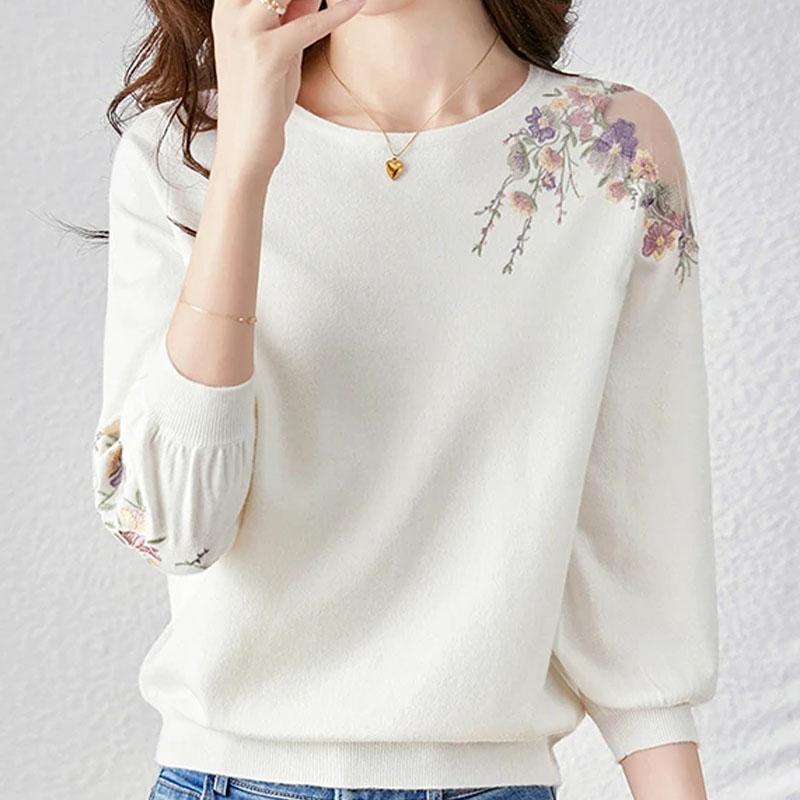 Moda Lato O-Neck Dzianinowe Swetry Swetry Damskie Topy Kwiat Haft Biały Sweter Damski JJ20