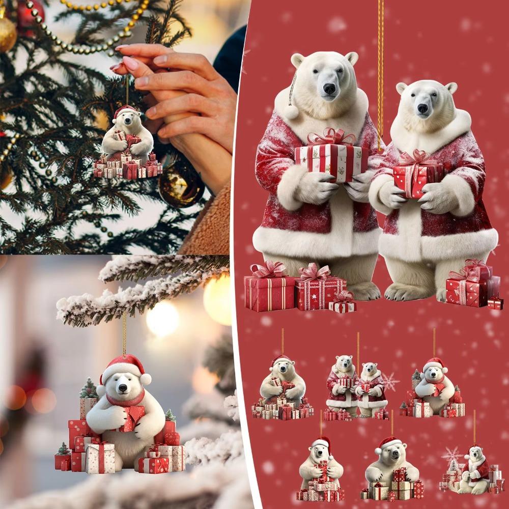 5PCS Cute Polar Bear Hanging Pendants 2D Acrylic Xmas Tree Ornament for Cars Backpacks