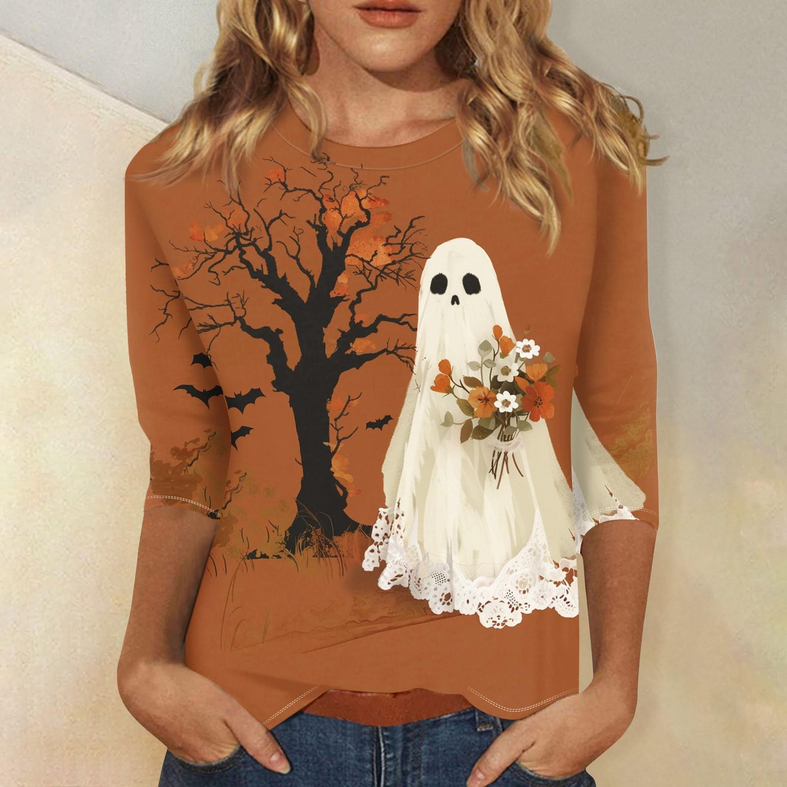

Women s Fashion Casual Three-quarter Sleeve Halloween Printed Round Neck Top XL шафрановий