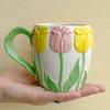 Tulip Relief Hand Painted Cup Exquisite Mug Water Cup Girls Ceramic Coffee Milk Tea Korean Style Cup