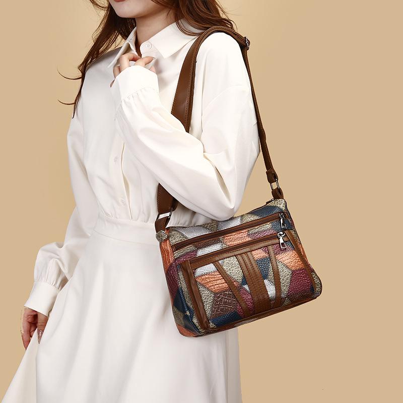 Women's Large Capacity Soft Leather Patchwork Crossbody Bag - Retro Multi-pocket Shoulder Bag for Work & Commute.