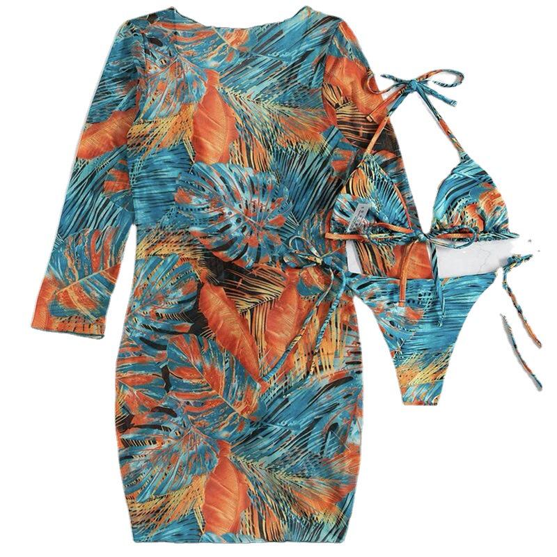 New Print Mesh Sun Protection Three-Piece Bikini Swimwear