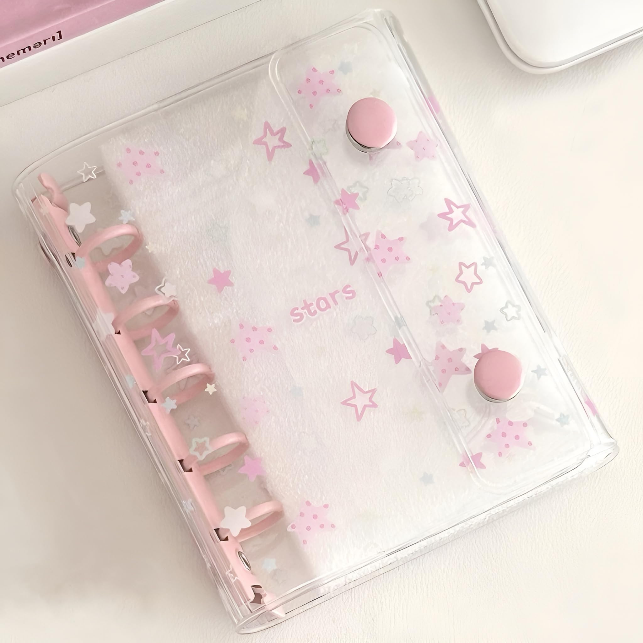 

Botocoo Sticker Album Pink Girl Removable Star Pattern Notebook M5 Binder Refillable Small Item Organizer Gift Included 10 Sheets