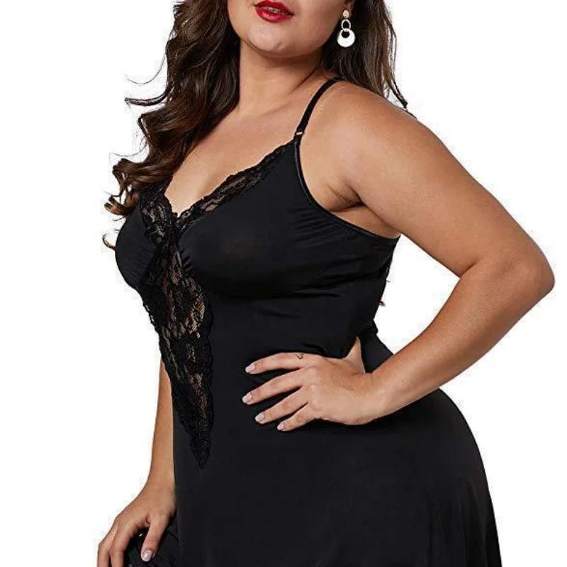 

Великий розмір Вільний глибокий V мереживний еротичний слінг Сексуальна домашня нічна сорочка Нічна сорочка Жіноча нічна білизна Одяг для відпочинку Жіночий одяг для сну Домашній одяг 2XL чорний