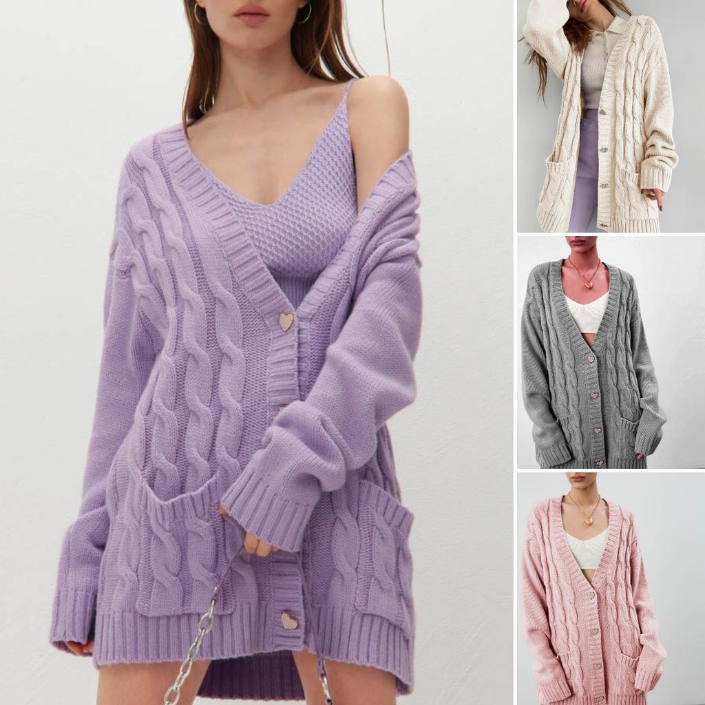 2023 Fall/Winter Trend Women New Casual Loose Knitted Loose Heart Button With Pocket Cardigan Shawls