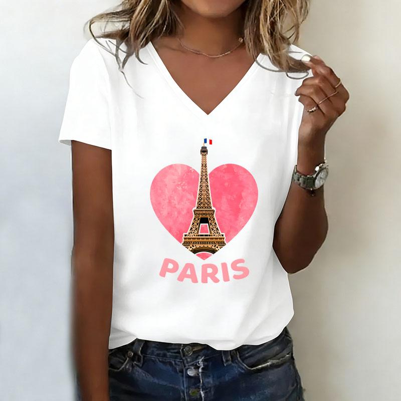

Love Paris Casual Fashion Y2k T Shirts Women Short Sleeve Tee Shirt V-Neck Summer Spring T-shirt V Neck XL