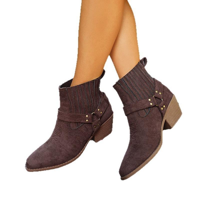 Foreign trade new elastic band thick heel short Martin boots women's cross-border retro style round head middle heel fashion rivet short boots