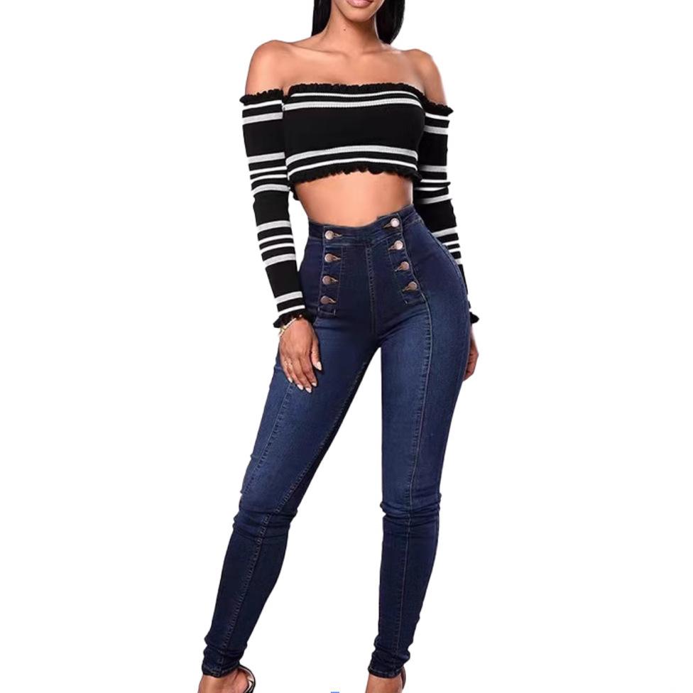 Högmidjade vardagliga denimbyxor för kvinnor, elastiska, med flera spännen, trendiga dubbelradiga jeans, långa byxor, bekväma stretchiga damer