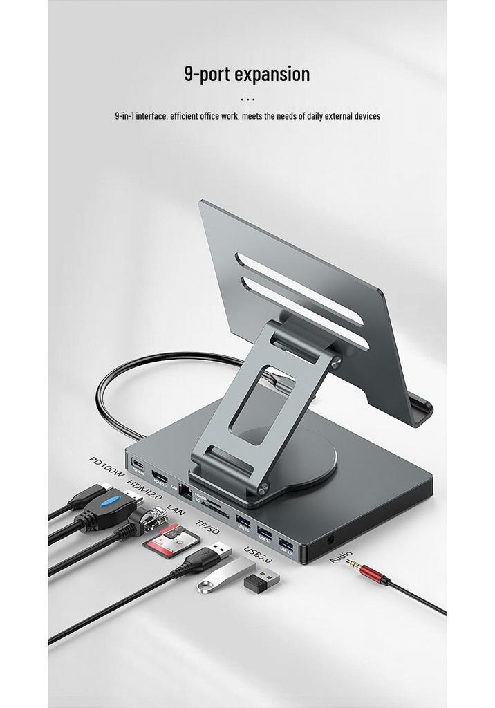 4K60Hz USB-C Docking Station with Gigabit Ethernet, USB 3.2 Converter, and Rotating Stand for Phones and Tablets