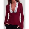 Pure Lust Hottie Trumpet Lace Splicing T-shirt Slim Fit French Long-sleeved Low-neck Top