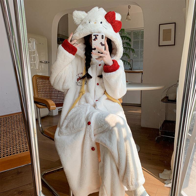 

Женская ночная рубашка с капюшоном из кораллового флиса с изображением медведя - теплый и уютный длинный плюшевый халат L (Recommended 100-120 cm)