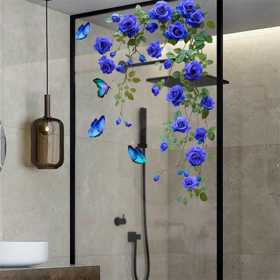 Dreamy Blue Flower Vine Strips Sticker Wall Decal, Refrigerator/Air Conditioner Glass Door Sticker