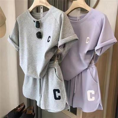 Women's Spring and Autumn Solid Colour Round Neck Short Sleeve T-shirt + Casual Shorts Sports Two-piece Set