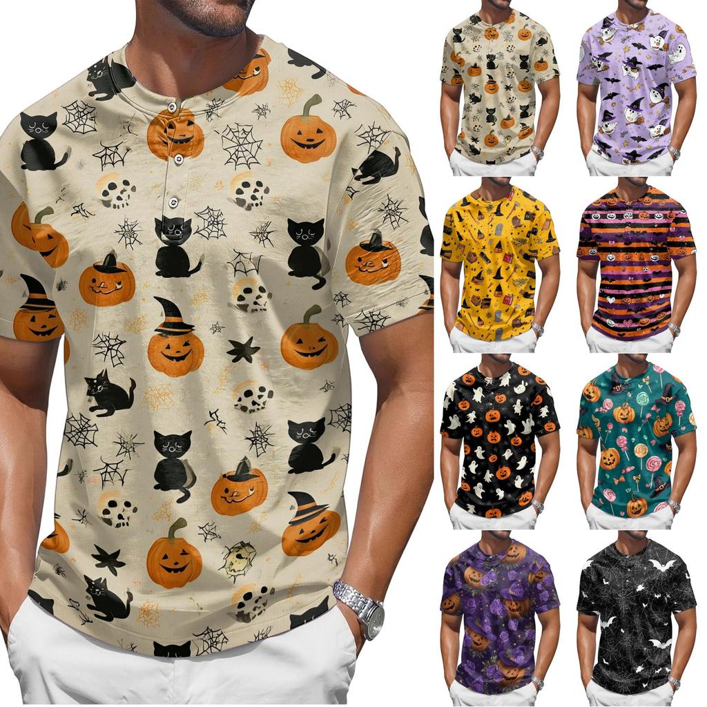 Men's Halloween Print Short Sleeve Henley Shirt Casual Round Neck Top with Button Detail Lightweight Breathable Fabric