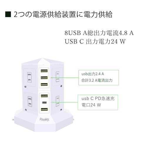 JIACHAN Tower-Style Power Strip with 2 Vertical Outlets, 8 AC, Smart USB, PD, and Type-C Charging, Lightning Guard, Overload Protection, Energy-Saving