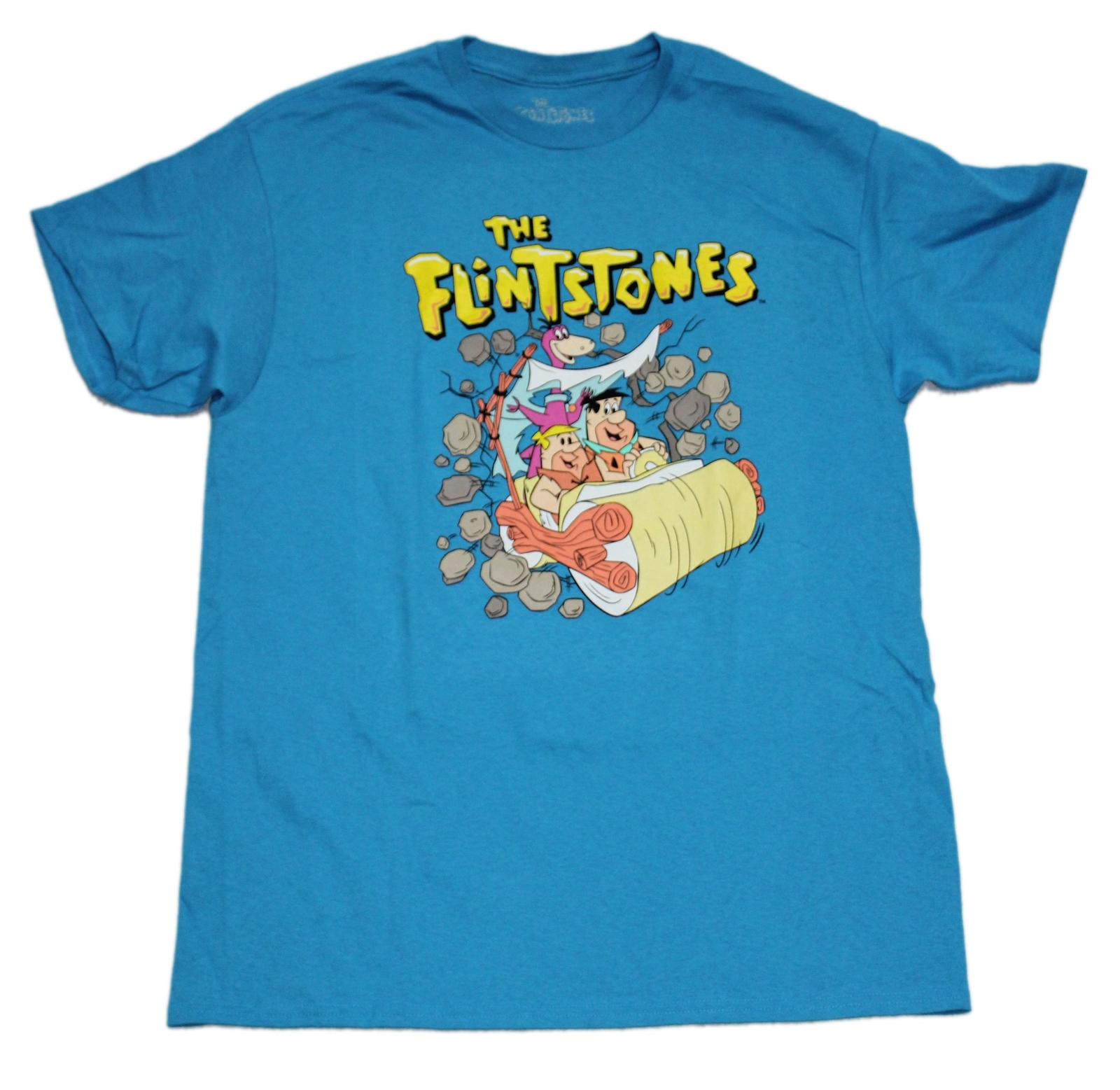 Flintstones New Adult T-Shirt - Barney Fred & Dino Car Ride Logo S