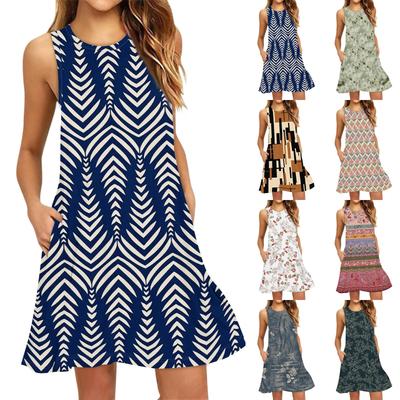 Women's Fashion Beach Dress Sleeveless Round Neck Floral Print Dress