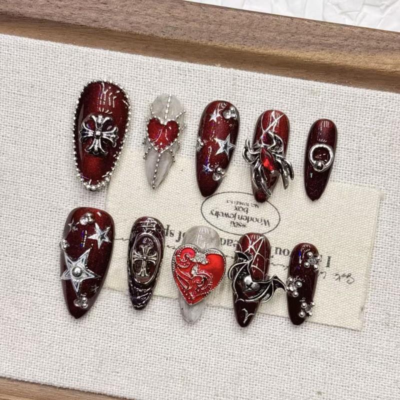 Handmade Gothic Dark Red Metal Embellished Nail Art Tips Women Teens - Cross Tulip Floral Leopard Star Design