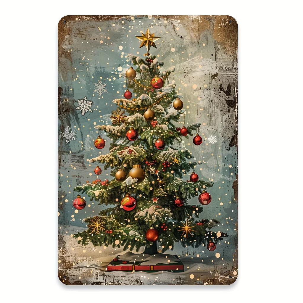 1pc Vintage Christmas Tree Metal Tin Sign - Rustic Wall-Mounted Decoration with Pre-Drilled Holes, Durable Iron Tree Shape Sign