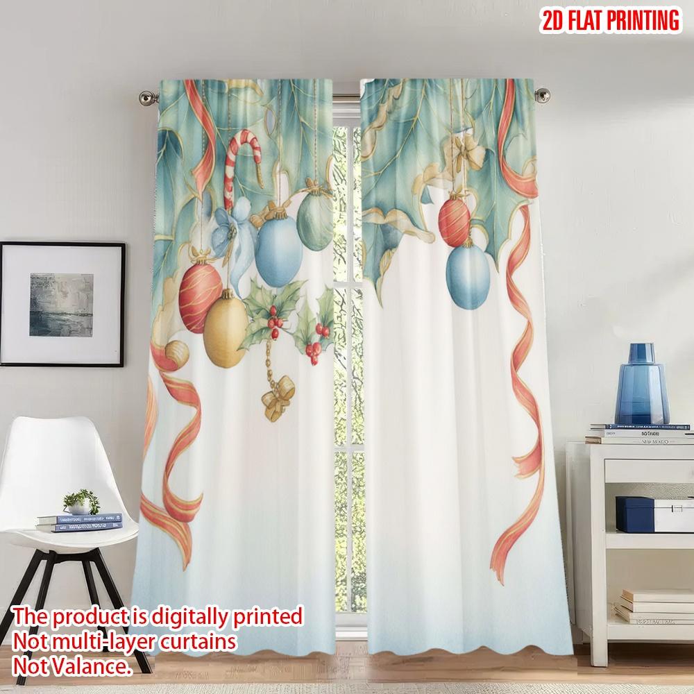 

Set Of 2 Flat Printing Merry Christmas Curtains Holly Garland Ornaments Digital Printed Polyester Drapes Family Party Curtain Made W100*H70(CM)-Hooks&2PCS