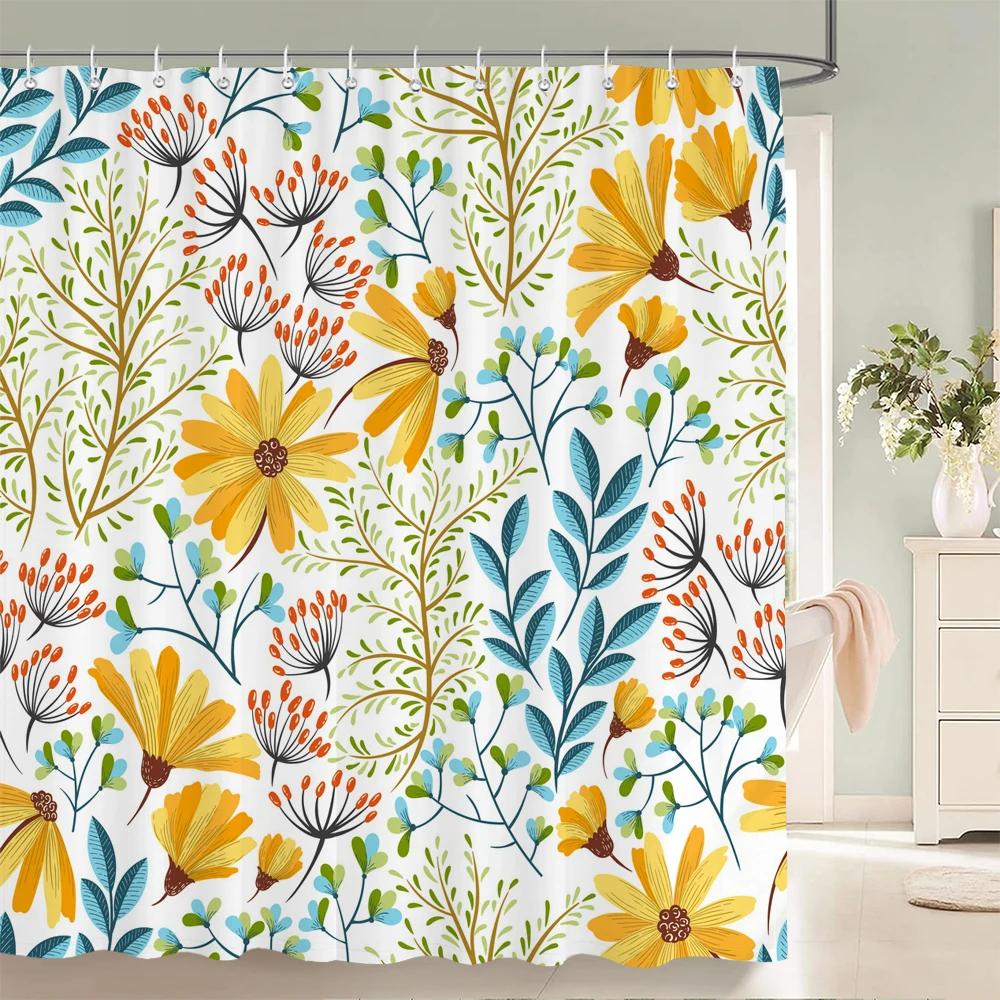 Watercolor Flowers Floral Shower Curtains Pastoral Spring Greenery Plants Home Decor for Bathroom Polyester Fabric Bath Curtain