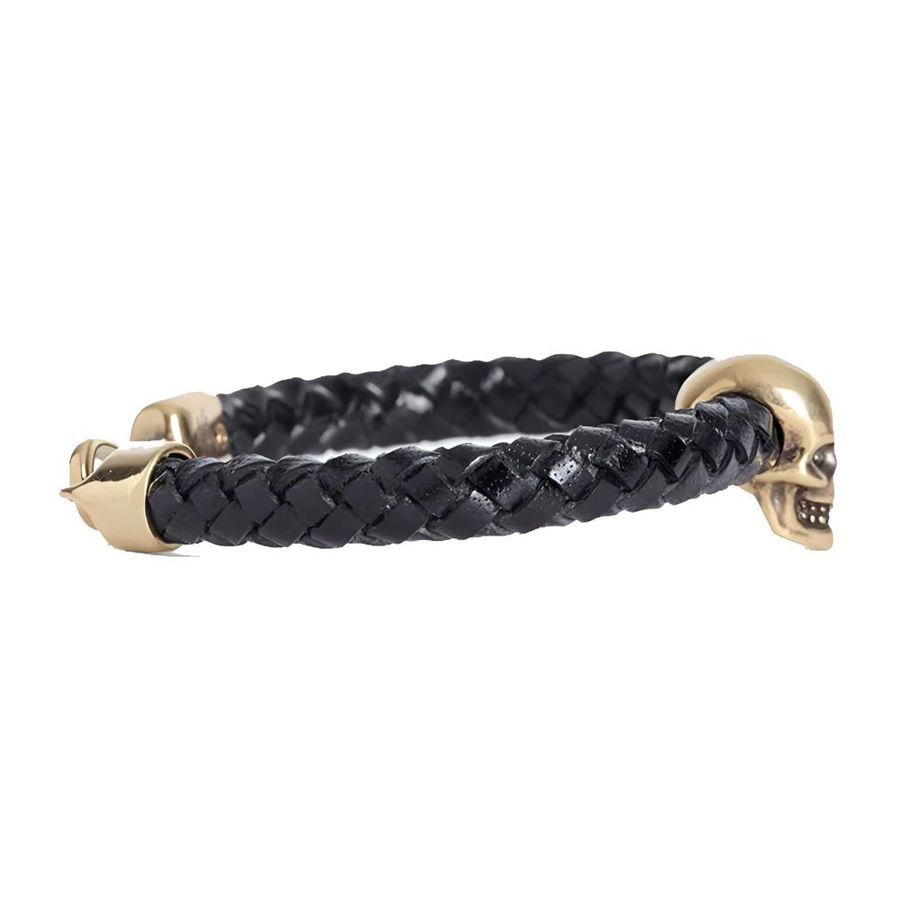 Alexander McQueen Metal Skull Leather Woven Bracelet Men Bracelets Gold 554602-J16KG-1000