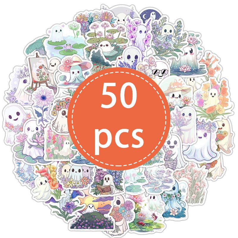 

50PCS Halloween Ghost Theme Stickers Cute Floral Ghost Decorative Decals for Water Bottles Laptops Cups Journaling Scrapbook