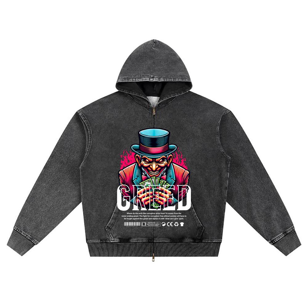 DTG Print Knitted Denim Zip-Up Hoodie Greed Brother Print Zipper Hoodies