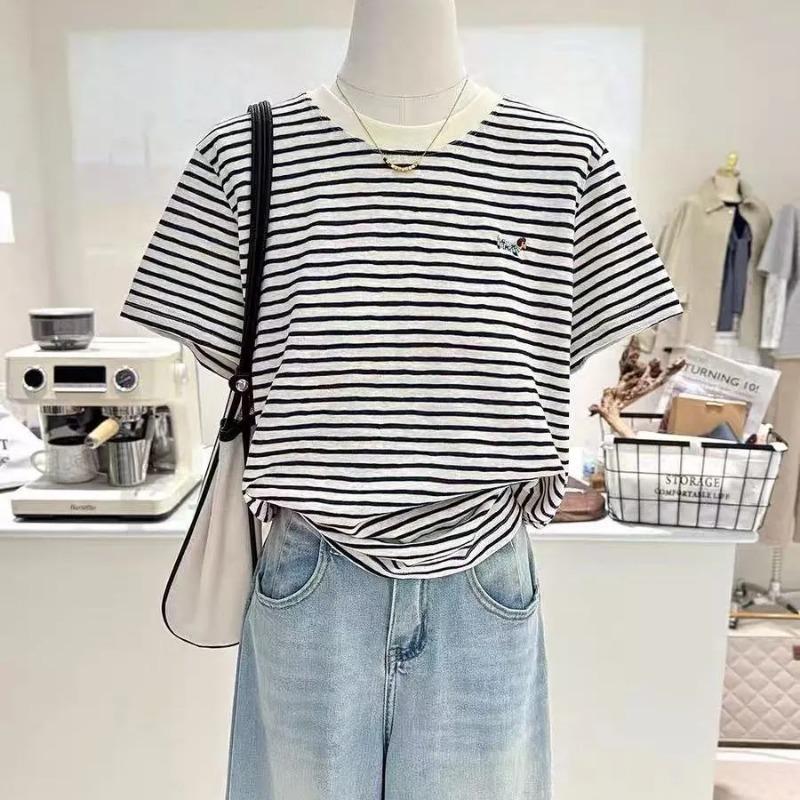 Pure Cotton Striped Embroidered Puppy Summer New Korean Cartoon Loose Slimming Short-sleeved Bottoming Shirt T-shirt Women's Half-sleeve